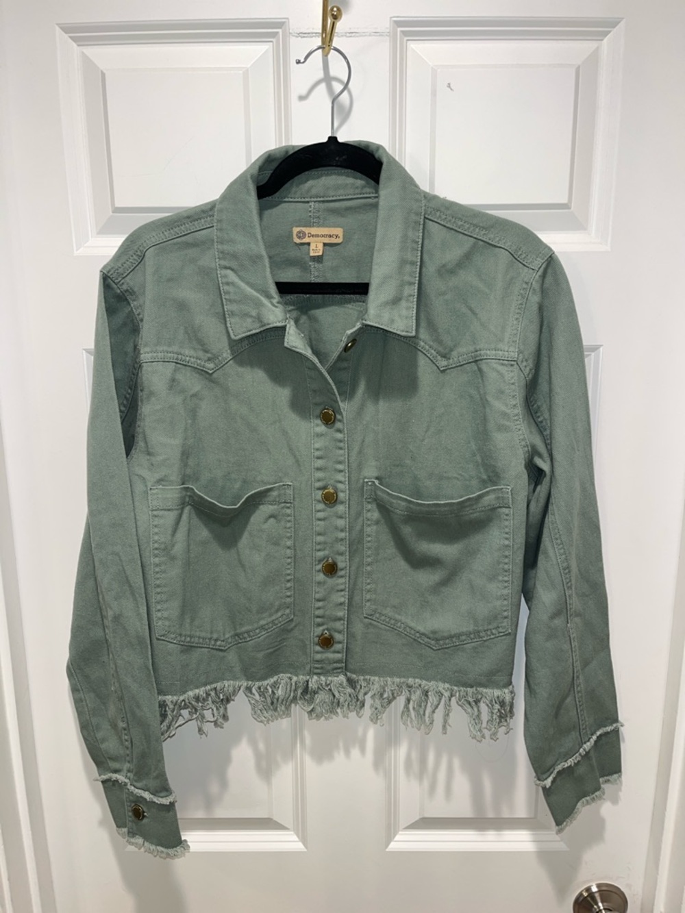 Democracy Sage Green Fringe Hem Jean Jacket patch pockets coat crop L